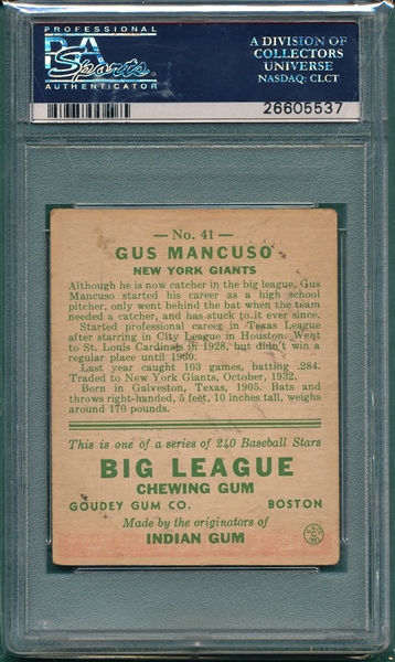 1933 Goudey #41 Gus Mancuso PSA 3/ Auto 9 *Signed*
