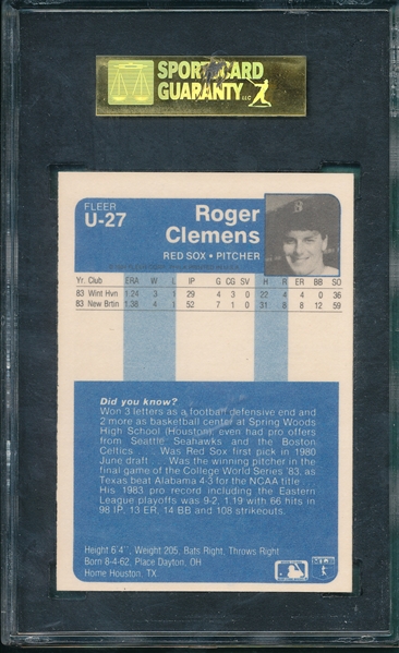 1984 Fleer Update U-27 Roger Clemens SGC 92 *Rookie*
