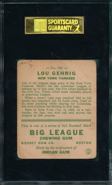 1933 Goudey #160 Lou Gehrig SGC 40