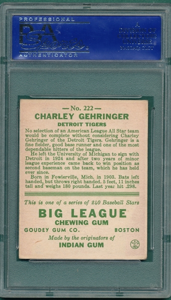 1933 Goudey #222 Charley Gehringer PSA 5