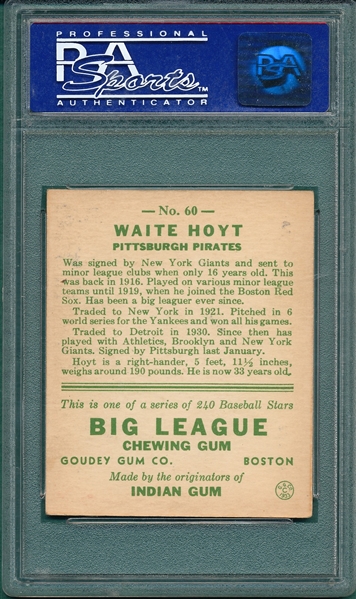 1933 Goudey #60 Waite Hoyt PSA 6