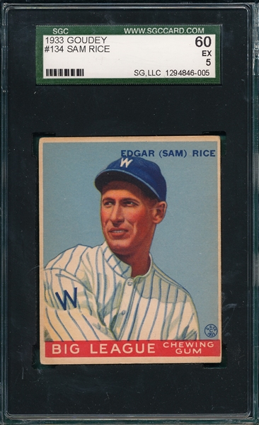 1933 Goudey #134 Sam Rice SGC 60