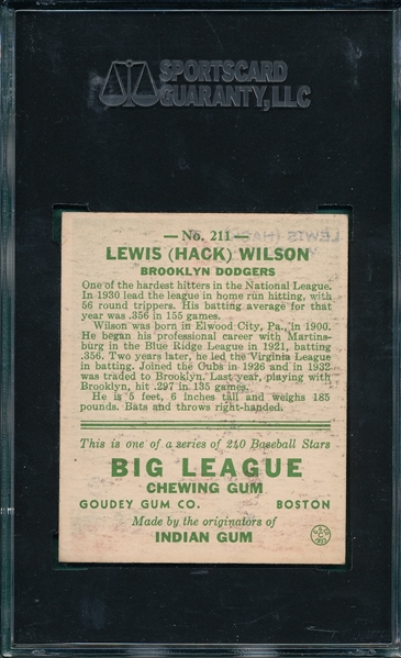 1933 Goudey #211 Hack Wilson SGC 60