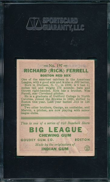 1933 Goudey #197 Rick Ferrell SGC 80