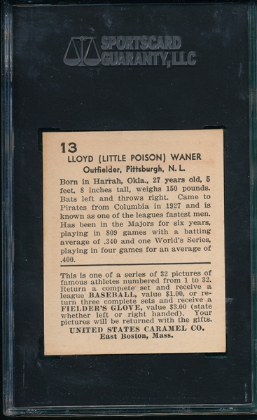 1932 U. S. Caramel #13 Lloyd Waner SGC 80