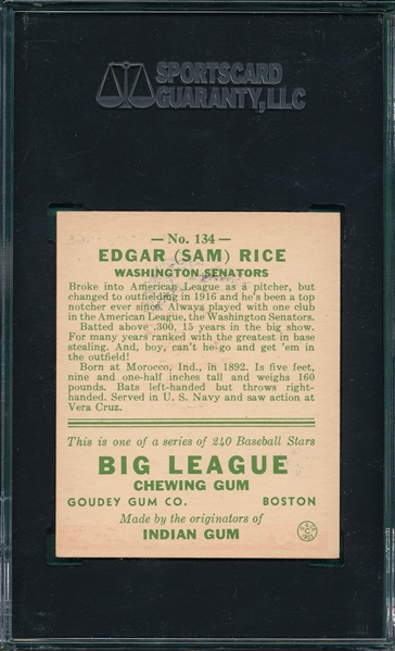 1933 Goudey #134 Sam Rice SGC 84