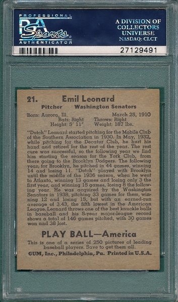1939 Play Ball #21 Dutch Leonard PSA 8