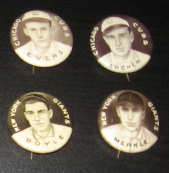 1910-12 P2 Pins Sweet Caporal Cigarettes, Lot of (4) W/ Evers