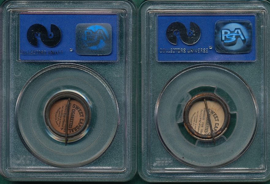 1910-12 P2 Pins Delehanty & McGraw, Sm Letters, Sweet Caporal Cigarettes, Lot of (2) PSA 5