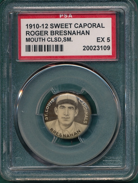 1910-12 P2 Pins Bresnahan, Mouth Closed, Sm Letters, Sweet Caporal Cigarettes PSA 5