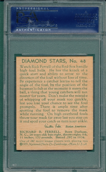 1934-36 Diamond Stars #48 Rick Ferrell PSA 8