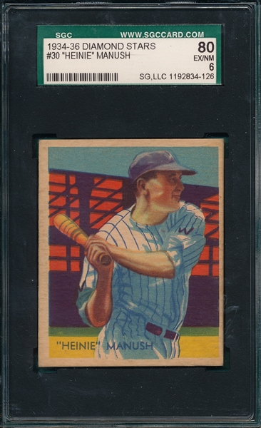 1934-36 Diamond Stars #30 Heinie Manush, W On Sleeve, SGC 80