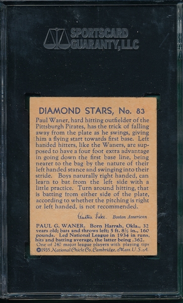 1934-36 Diamond Stars #83 Paul Waner SGC 70