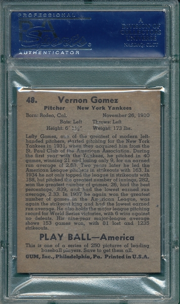 1939 Play Ball #48 Vernon Gomez PSA 8.5