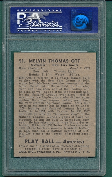 1939 Play Ball #51 Mel Ott PSA 8
