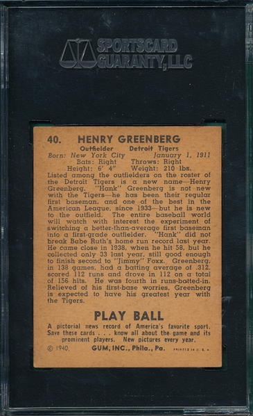 1940 Play Ball #40 Hank Greenberg SGC 60
