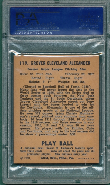 1940 Play Ball #119 Ol Pete Alexander PSA 6