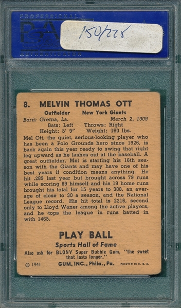 1941 Play Ball #8 Mel Ott PSA 1