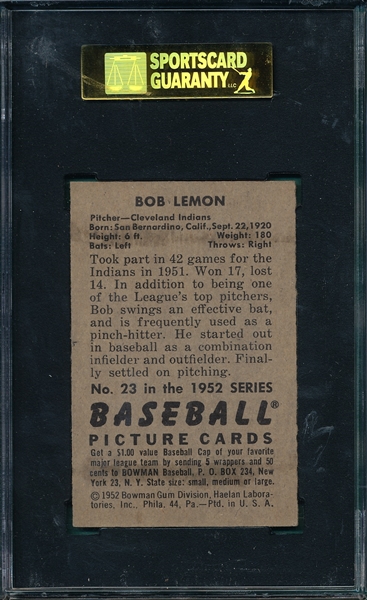 1952 Bowman #23 Bob Lemon SGC 84