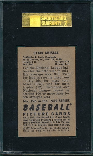 1952 Bowman #196 Stan Musial SGC 84