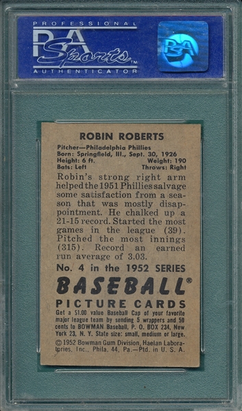 1952 Bowman #4 Robin Roberts PSA 8