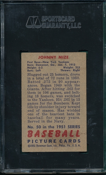 1951 Bowman #50 Johnny Mize SGC 50