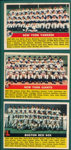 1956 Topps Team Card Lot of (3) W/ Red Sox, Giants & Yankees