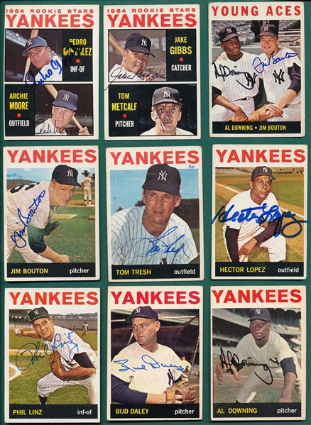 1964 Topps Lot of (9) Autographed Yankees W/ Bouton