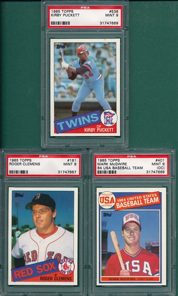 1985 Topps Rookies, McGwire, Clemens & Puckett, Lot of (3) PSA 9 *MINT* *Rookie*