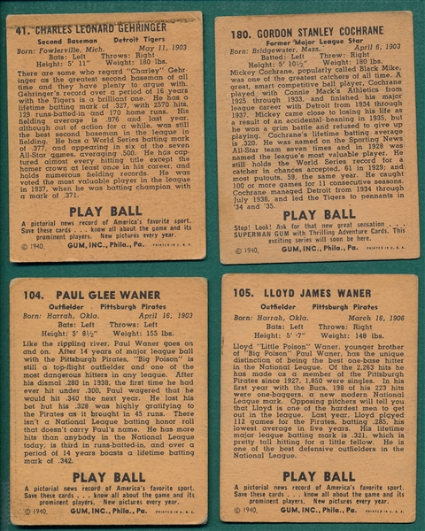 1940 Play Ball Lot of (4) HOFers W/ #180 Cochrane