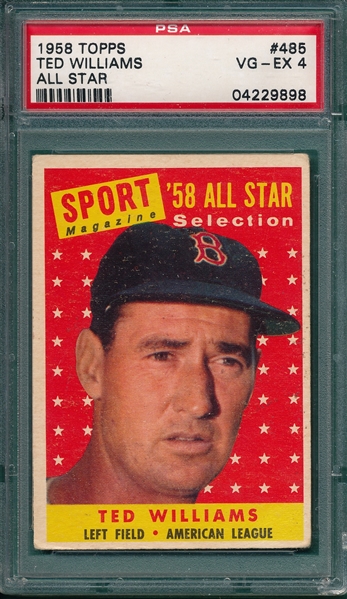 1958 Topps #485 Ted Williams, AS, PSA 4