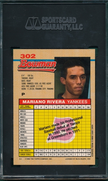 1992 Bowman #302 Mariano Rivera SGC 9 *MINT* *Rookie*