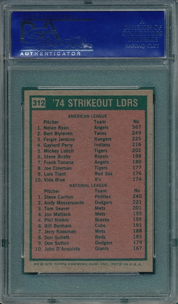 1975 Topps Mini #312 Strikeout Leaders W/ Ryan & Carlton, PSA 9 *MINT*