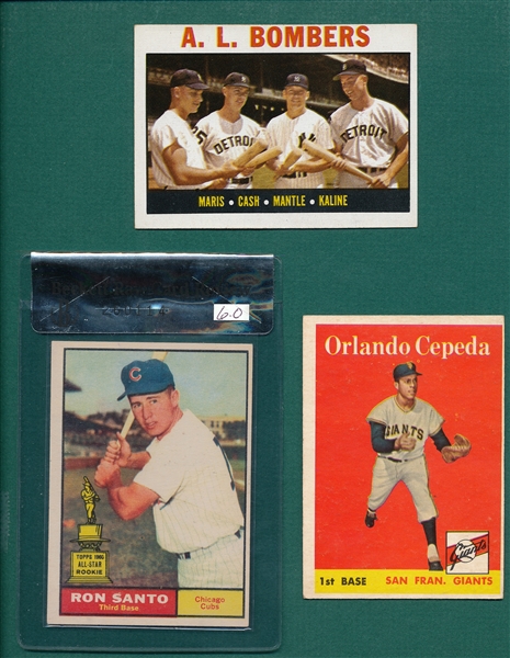 1958-64 Topps Cepeda & Santo, Rookies Plus 64T Bombers W/ Mantle Lot of (3) 
