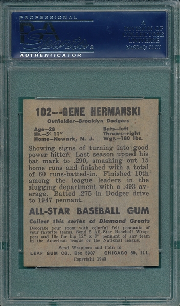 1948-49 Leaf #102 Gene Hermanski, Correct Spelling, PSA 6