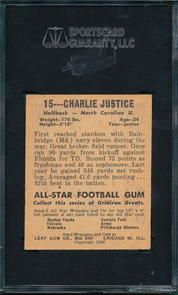 1948 Leaf FB #15 Charlie Justice SGC 60