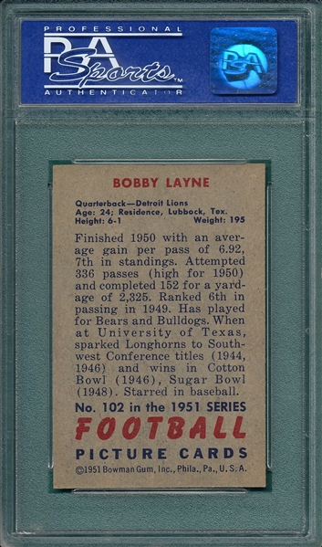 1951 Bowman FB #102 Bobby Layne PSA 8 