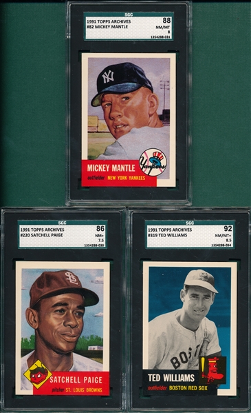 1991 Topps Archives #319 Ted Williams, #220 Paige & #82 Mantle, Lot of (3), SGC 