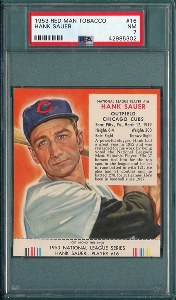 1953 Red Man #16 NL Hank Sauer PSA 7 *With Tab*