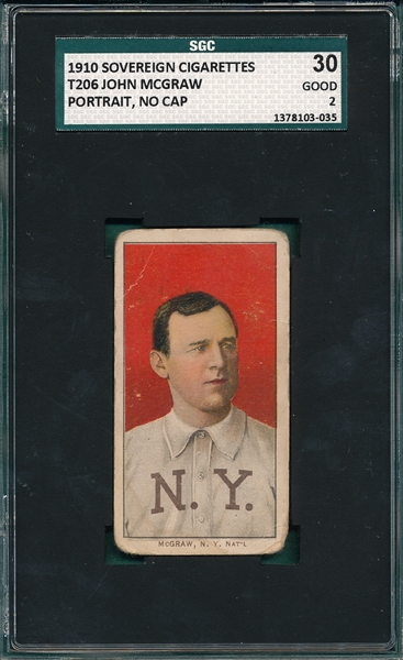 1909-1911 T206 McGraw, Portrait, No Cap, Sovereign Cigarettes SGC 30