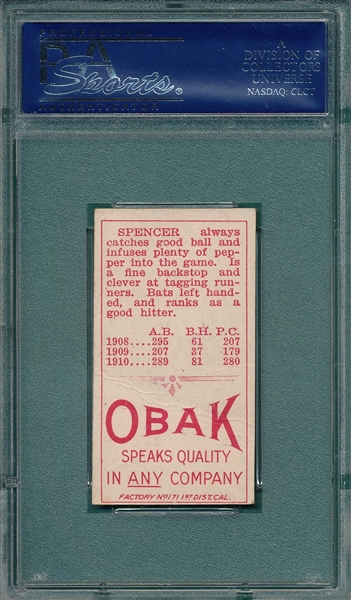 1911 T212-3 Spencer Obak Cigarettes PSA 2.5