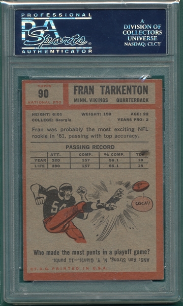1962 Topps FB #90 Fran Tarkenton PSA 5 *Rookie*