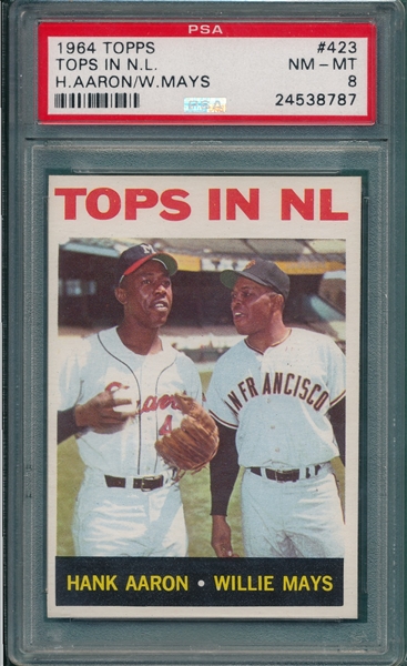 1964 Topps #423 Tops In NL, W/ Aaron & Mays, PSA 8