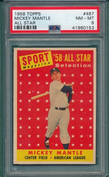 1958 Topps #487 Mickey Mantle, AS, PSA 8