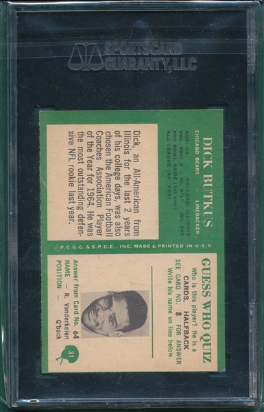 1966 Philadelphia #31 Dick Butkus SGC 80 *Rookie*