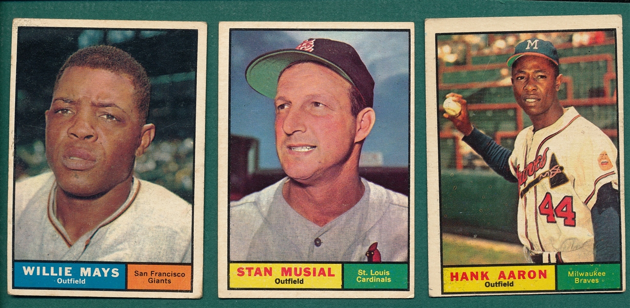 1961 Topps Musial, Mays & Aaron, Lot of (3)