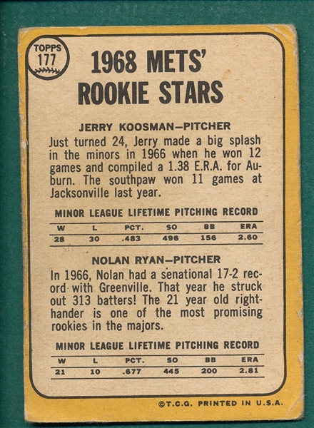 1968 Topps #177 Koosman/Ryan, *Rookie*