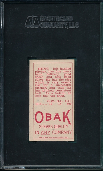 1910 T212-3 Hunt Obak Cigarettes SGC 60