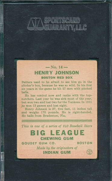 1933 Goudey #14 Henry Johnson SGC 50