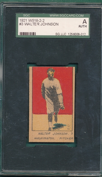 1921 W516-2-2 #3 Walter Johnson SGC Authentic
